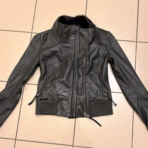 Distressed Leather jacket with rabbit fur lined collar. 100% Genuine. S